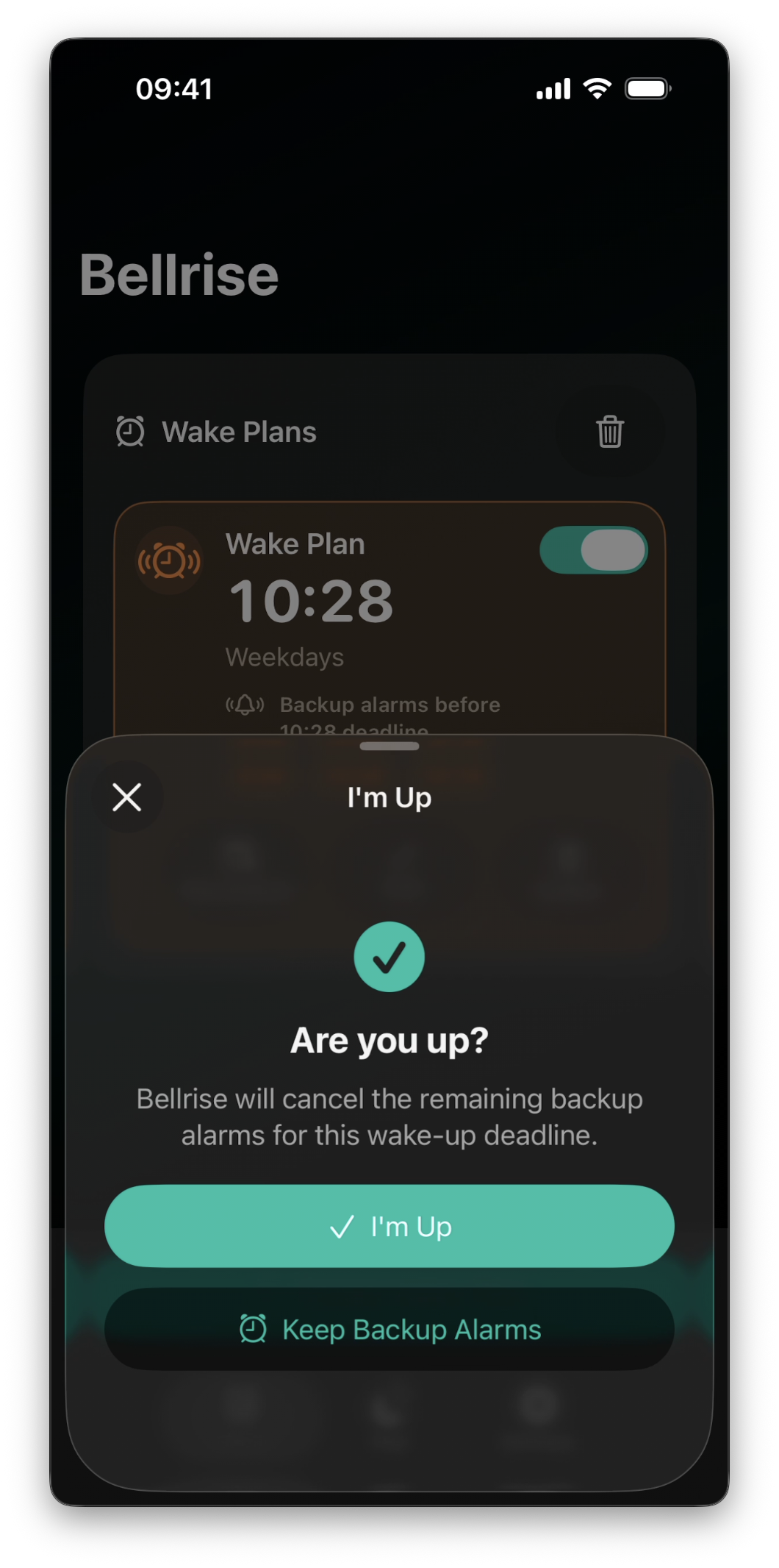 Bellrise I'm Up confirmation screen.